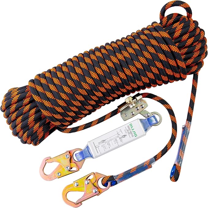 Rope Harness Safety Lanyard 50ft Vertical Roofing Rope with Grab Snap Hooks Shock Absorber Fall Protection Tree Climbing Line Kit Heavy Duty Roof Safety Equipment ANSI CE