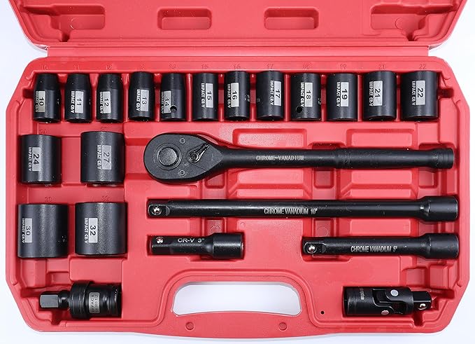 SEKETMAN 22PCS 1/2Drive Shallow Impact Socket Set,1/2-Inch Metric Socket Set,(10-19,21,22,24,27,30,32mm)6 Point,CR-V steel,Includes Extension Bar,Universal Joint and Ratchet Handle