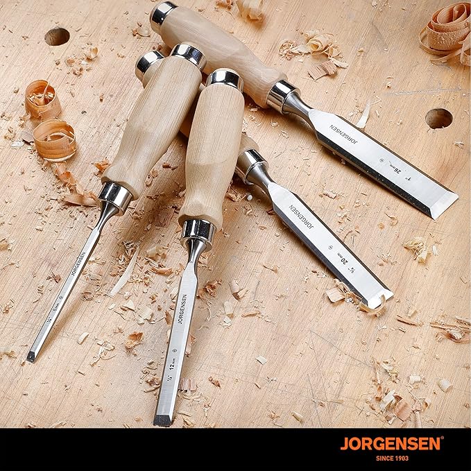 Jorgensen 4-Piece Wood Chisel Set, Chromium Alloy Steel Beveled Edge Wood Chisels, Wood Chisels for Woodworking, Ergonomic Hardwood Handle with Metal Ferrule, 1/4", 1/2", 3/4", 1"