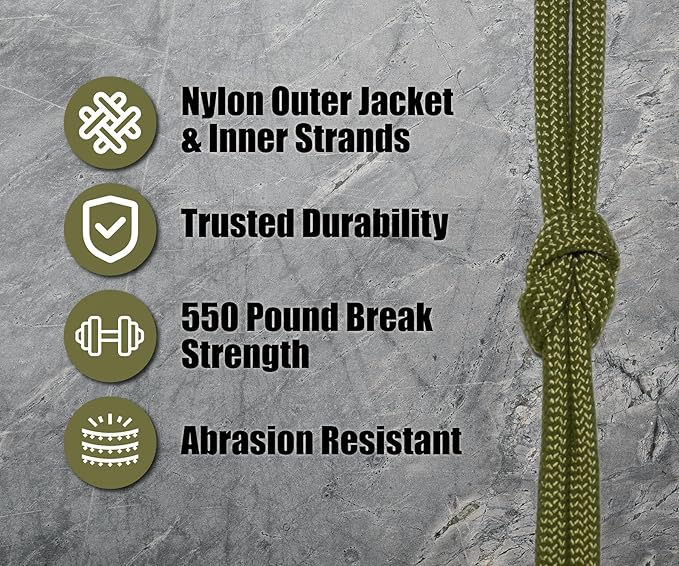 BORED? PARACORD! 550 lb Paracord - Ideal for Crafting, Camping, DIY Projects, Active & Military Outdoors - Strong Survival Rope - Tactical Parachute Cord Type III - Moss 100 Feet
