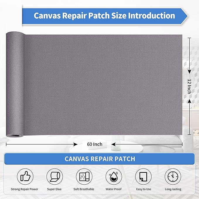 KING MOUNTAIN Canvas Repair Tape,Outdoor Gear Patch, 12×60 Inches,Waterproof,Self-Adhesive for Repairing Boat Covers,Sun Shades,Sofas,Tents,Lounge Chairs,Awnings (Grey)