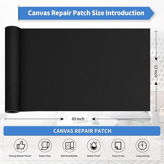 KING MOUNTAIN Canvas Repair Tape,Outdoor Gear Patch, 12×60 Inches,Waterproof,Self-Adhesive for Repairing Boat Covers,Sun Shades,Sofas,Tents,Lounge Chairs,Awnings (Black)