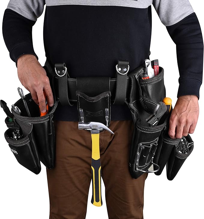 Heavy Duty 19 Pocket Leather Tool Belt Multipurpose Pockets Work Organizer Pouch Framing Fat Lip Tool Holder for Carpenter, Construction, Handyman, and Electrician Tool Belt Set