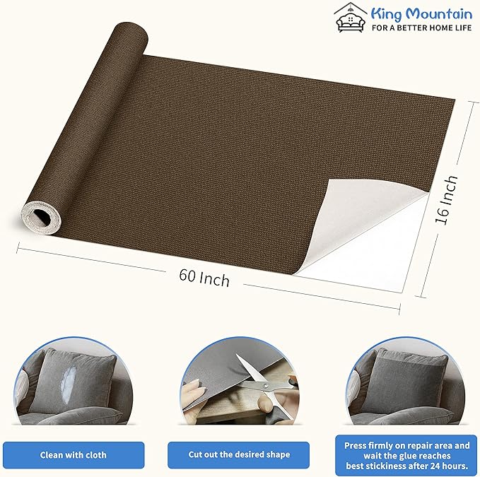 KING MOUNTAIN Canvas Repair Patch 16×60 Inch Self-Adhesive Waterproof Fabric Patch for Sofas, Tents, Furniture,Tote Bags, Car Seats (Dark Brown)