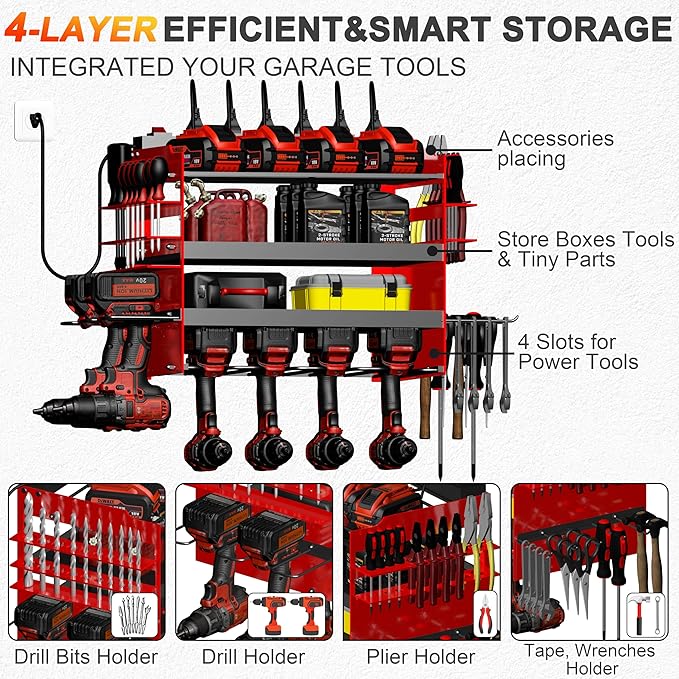 Homecor Power Tool Organizer Wall Mount with Charging Station, 4-Layer Drill Holder Heavy Duty Metal Storage Rack for Garage Organization Drill Storage Shelf, Fathers Day Dad Gifts for Dad Husband