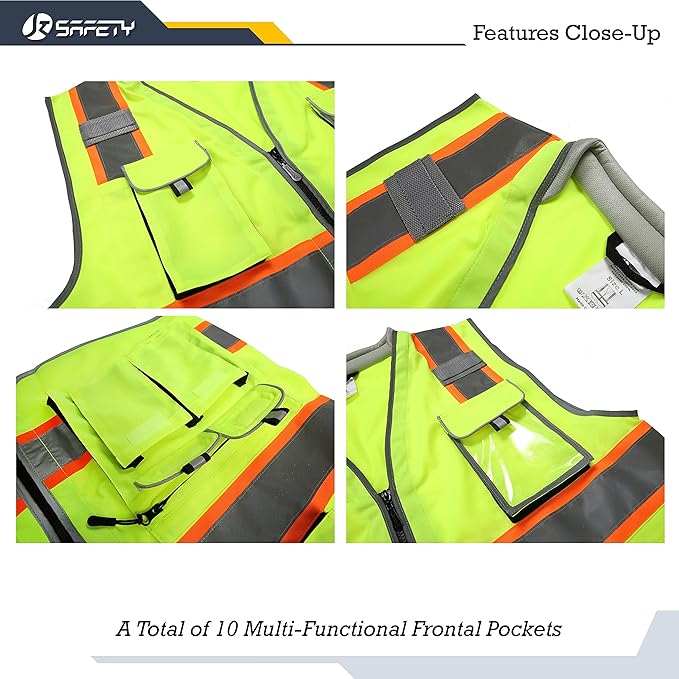 JKSafety 10 Pockets Class 2 Hi-Vis Zipper Front Fluorescent Yellow Safety Vest | Cushioned Collar |Extended Neon Orange Strips | Meets ANSI/ISEA Standards (Large, 89-Yellow)