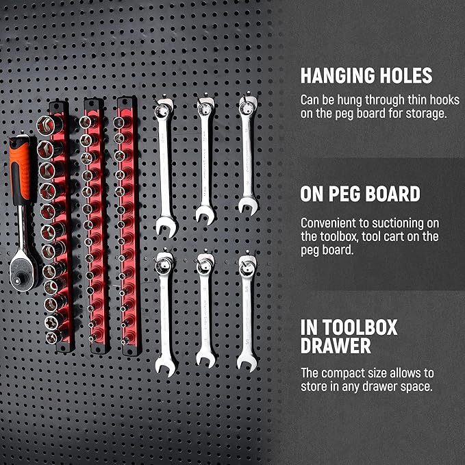 ALOANES Magnetic Socket Organizer, 3/8-Inch Drive Aluminum Socket Holder Socket Tray, Heavy Duty Socket Rail Organizer for Tool Box Drawer, 360°Swivel Clips Socket Rack 3/8-Inch x 14 Clips (Red)
