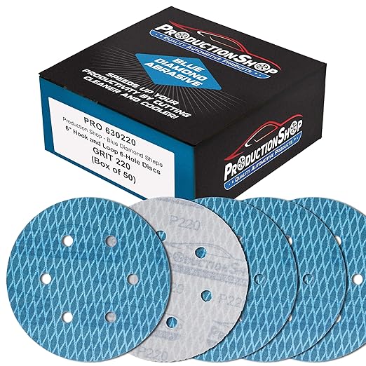 Premium 220 Grit 6" Rhombus Diamond Shape Blue Sanding Discs, 6-Hole, Box of 50 - Hook & Loop Anti-Clogging J-Cloth Dustless Sandpaper for Random Orbital Sanders, Sand Auto Paint, Wood