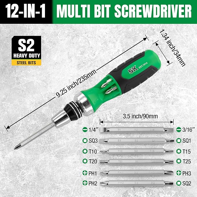 SK 12-in-1 Ratcheting Screwdriver, 216-P, Multi-bit Driver with Quick-Load Mechanism, S2 Steel, with Phillips, Slotted, Star, Square Bits Stored in Handle