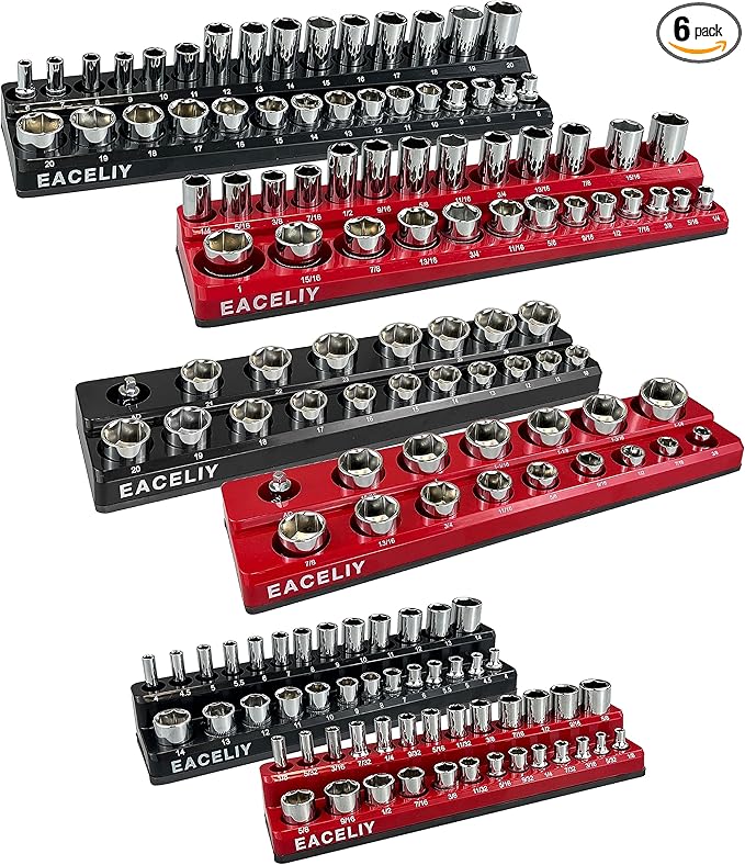 6-Piece Magnetic Socket Organizer Set, 1/2", 1/4" and 3/8" SAE & Metric Deep & Shallow Socket Holder Kit, holds 141 stanard Sockets, attaches to steel box/tool cart (sockets not included)