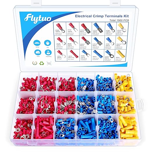 1500pcs Insulated Wire Electrical Connectors-Ring,Fork,Spade,Butt-Crimp Terminals Assortment Kit