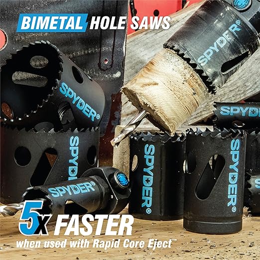 Spyder 27-Piece TCT and Bi-Metal Hole Saw Kit with Hex8 and Hex10 Rapid Core Eject Arbor System and HSS Pilot Bits