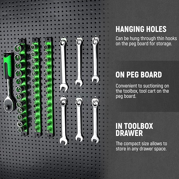 ALOANES Magnetic Socket Organizer Set, 3-Piece Heavy Duty Aluminum Socket Holder Socket Rail Organizer for Tool Box, 360° Swivel Clips Socket Rack 1/4, 3/8, 1/2-Inch x 40 Clips (Green)