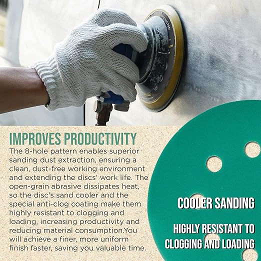 Dura-Gold Premium 1000 Grit 5" Green Film Sanding Discs, 8-Hole Pattern, Box of 50 - Dustless Hook & Loop Backing Sandpaper for DA & Random Orbital Sander, Detail Color Sand Auto Paint Wood Furniture