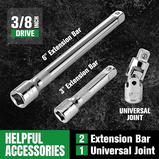 SK 3/8" Drive Socket Set with 160-P Ratchet, 55-Piece, SAE & Metric, SuperKrome Finish, Premium CR-V Construction, with Storage Suitcase