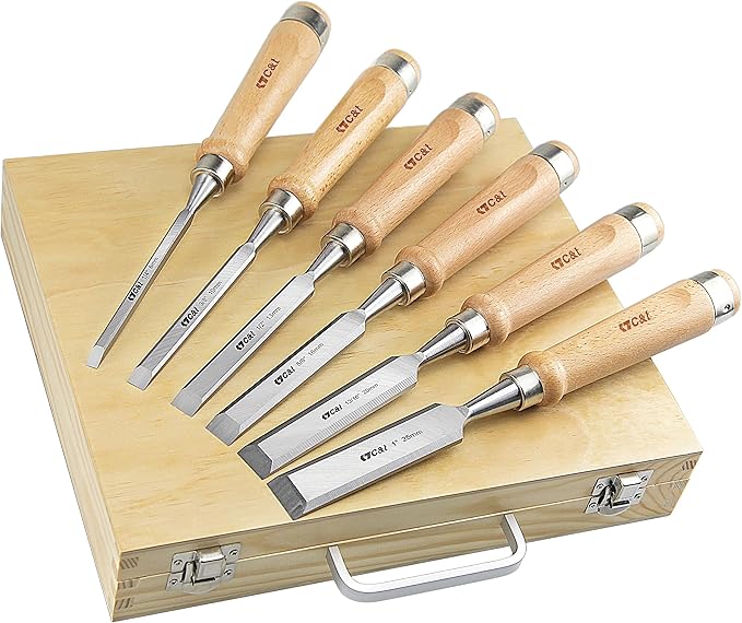 C&T 8 Pieces Premium Wood Chisel Set with Wooden Case,6 Pieces Wood Chisel with 2 Sharpening Stone,Woodworking Carving Chisel Kit,Chrome Vanadium Steel Chisel