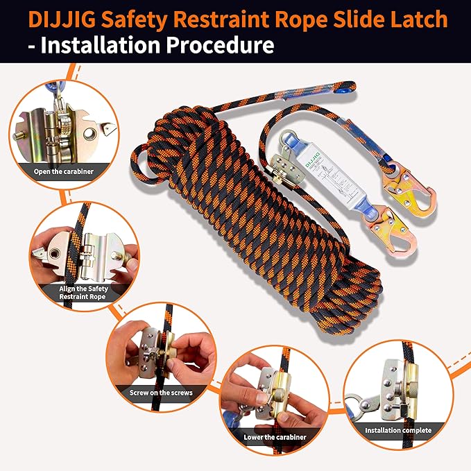 Rope Harness Safety Lanyard 150ft Vertical Roofing Rope with Grab Snap Hooks Shock Absorber Fall Protection Tree Climbing Line Kit Heavy Duty Roof Safety Equipment ANSI CE