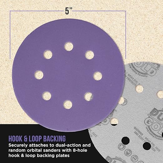 Dura-Gold Premium 320 Grit 5" Purple Film Ceramic Sanding Discs, 8-Hole Pattern, Box of 50 - Dustless Hook & Loop Backing Sandpaper for DA & Random Orbital Sanders - Sand Auto Paint, Wood, Woodworking