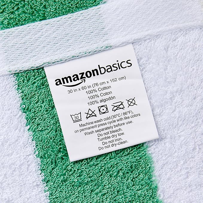 Amazon Basics 100% Cotton Terry Cabana Stripe Pool & Beach Towel, Soft & Absorbent, Quick Drying, Large, 2-Pack, Green, 30" x 60"