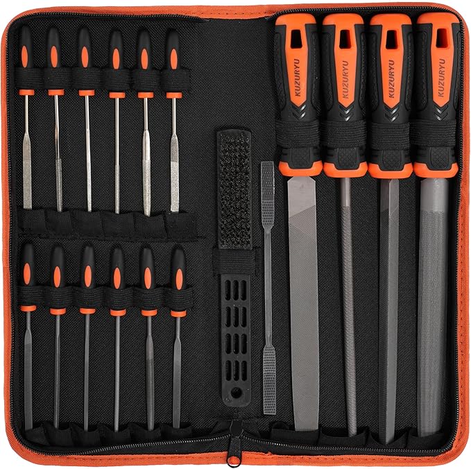KUZURYU 31PCS Metal File Set - 4 Metal Files for Steel and 12 Needle Files with Steel Brush, Tool Bag, Riffler File, 12 Sandpaper and Gloves, Suitable for Metal and Wood Processing