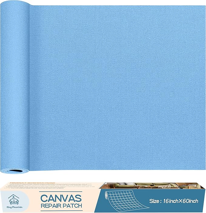 KING MOUNTAIN Canvas Repair Patch 16×60 Inch Self-Adhesive Waterproof Fabric Patch for Sofas, Tents, Furniture,Tote Bags, Car Seats (Blue)