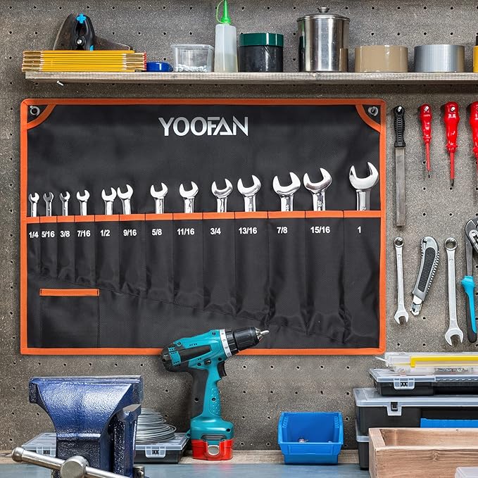 YOOFAN Wrench Roll Up Pouch – Wrench Organizer with 13+1 Pockets, Wrench Bag with handle, Wrench Holder for Hanging, Orange - SAE