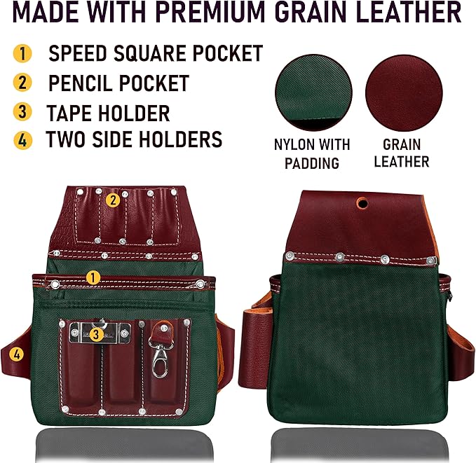 FUERI Tool Belt Men Heavy Duty 26 Pocket Tools Bags Pouches Holder Organizer for Carpenter Construction Electrician Framer Nylon Leather (Green & Maroon, Extra Large 42" - 48")