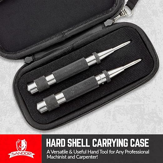 Heavy Duty Automatic Center Punch with Hardened Steel - Pack of 2 Premium Universal Metal Hand Tool for Machinists and Carpenters Spring Loaded with Adjustable Knurled Cap and Hard-Shell Carry Case