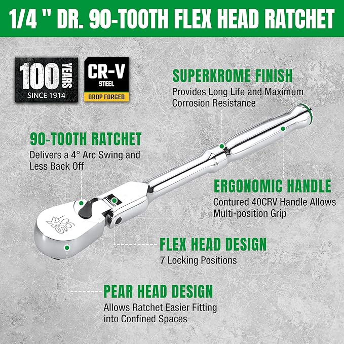 SK 1/4" Drive Flex Head Ratchet Handle, 90-Tooth Ratchet, Premium CR-V Construction, Reversible Design, with Contoured Handle