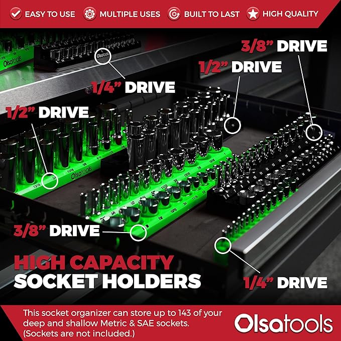 Olsa Tools Magnetic Socket Organizer | 6 Piece Socket Holder Set | 1/2-inch, 3/8-inch, & 1/4-inch Drive | Metric Black, SAE Green | Holds 143 Sockets | Professional Quality Tool Organizers