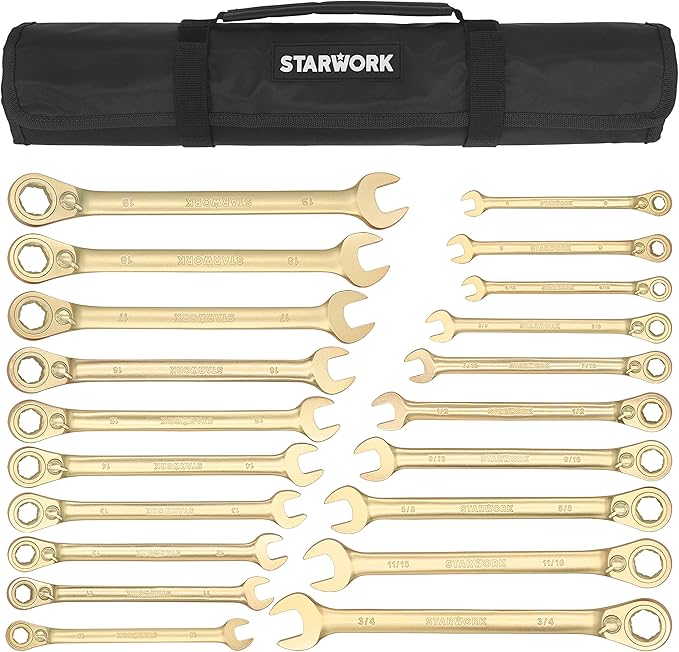 20 Pc. 6-Point SAE, Metric 15° Offset Vintage G-Plating Reversible Non-Slip Long Pattern Ratcheting Combination Wrench Set (5/16" -3/4" & 8-19 mm)