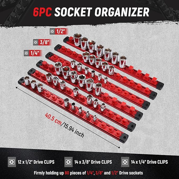 ALOANES Magnetic Socket Organizer Set, 6-Piece Heavy Duty Aluminum Socket Holder Socket Rail Organizer for Tool Box, 360° Swivel Clips Socket Rack 1/4, 3/8, 1/2-Inch x 80 Clips (RED)