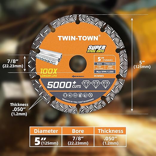 TWIN-TOWN 5" Diamond Cutting Wheel with 7/8" Arbor, Metal Cut Off Wheel, Carbide Cutting Wheel for Angle Grinder, 5000+ Cuts on Rebar, Steel, Iron, and INOX