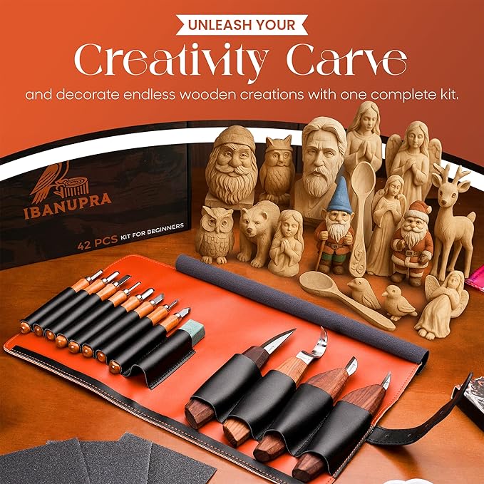 IBANUPRA All-in-One Wood Carving kit Included Wood Carving Knife Set, Whittling Knife Set, Safety Gloves, Sand Paper, Leather Strop, Paint Kit, Compound & Leather Case for Beginners or Professionals