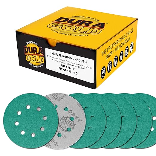 Dura-Gold Premium 80 Grit 5" Green Film Sanding Discs, 8-Hole Pattern, Box of 50 - Dustless Hook & Loop Backing Sandpaper for DA & Random Orbital Sanders, Sand Automotive Paint Woodworking Furniture