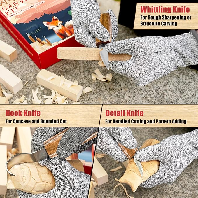 Wood Carving Kit, Whittling Kit for Beginners 17PCS Wood Carving Tools with 3PCS Whittling Knife 9PCS Basswood Blocks & Gloves & Strop Block & Polishing Compound Wood Carving Set Hobbies for Adults