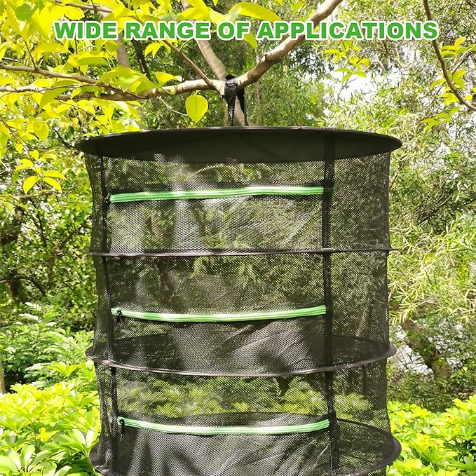 1.5ft Herb Drying Rack Net Mesh with Green Zippers Hydroponics, Bonus Hook Drying Rack for Plant Bud Seed, Mesh Hanging Plant Dry, Herb Dry Net for Garden (4 Layers, Green Zipper)