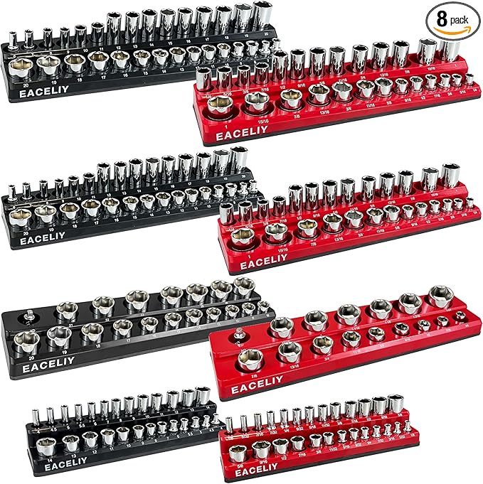 8Pcs Magnetic Socket Organizer Set, 1/2", 1/4" and 3/8" SAE & Metric Deep & Shallow Tools Tray Holder Kit, holds 199pcs Sockets (sockets not included) (8PC 1/2&3/8&1/4)