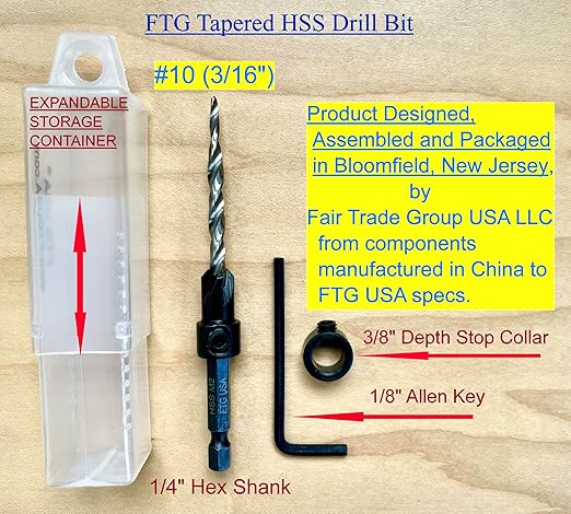 FTG USA Countersink Drill Bit for Wood with Tapered Drill Bit #10 (3/16")