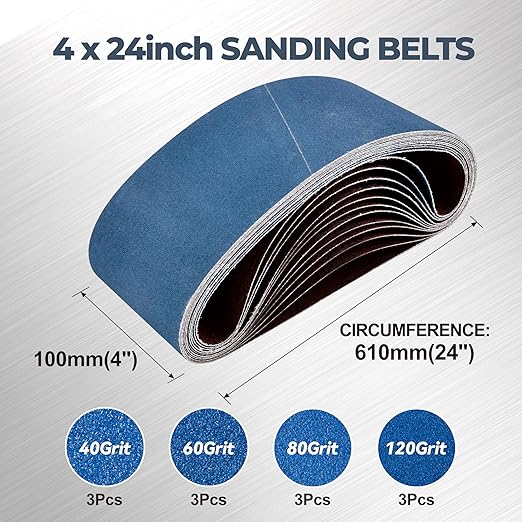 4 x 24 Inch Zirconia Sanding Belts, 12Pcs 3Each of 40/60/80/120 Assorted Grits, Belt Sander Sanding Belt for Knife Blade Sharpening, Metal Polishing, Derusting, Woodworking