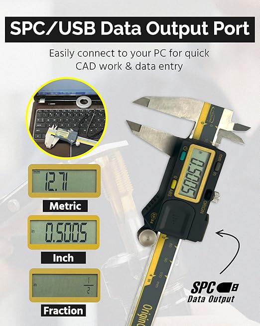 iGAGING Absolute Origin 0-6" Digital Caliper, IP54 Stainless Steel, SPC/USB Output Port, Fraction Reading, Depth Base, Case, Manual, Battery