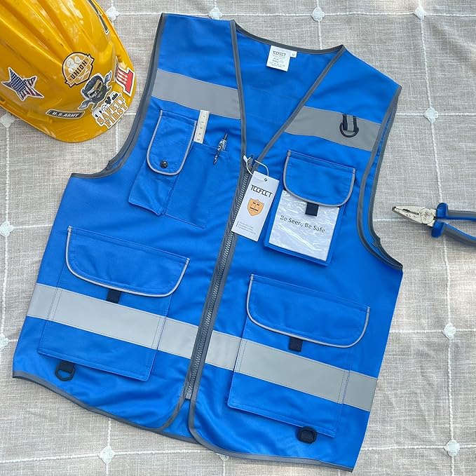 TCCFCCT Hi Vis Vest 9 Pockets High Visibility Reflective Safety Vest for Men Women, Safety Construction Vest with Reflective Strips, Meets ANSI/ISEA Standards, (Blue, Medium)