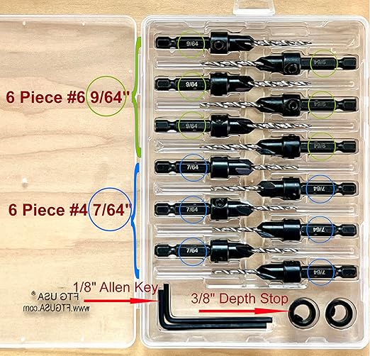 FTG USA Countersink Drill Bit Set 6 Pc #4 (7/64"), 6 Pc #6 (9/64") Tapered Countersink Bit, Stop Collar, Hex Wrench, Woodworking Countersink Drill Bits
