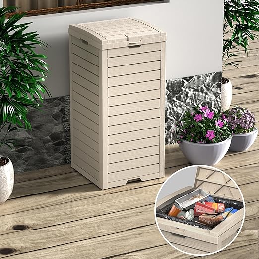 Vixzen 38Gallon Outdoor Trash Can with Lid,Waterproof Resin Waste Bin,Lightweight,Large Sturdy Garbage Bin for Patio,Kitchen,Backyard,Light Brown