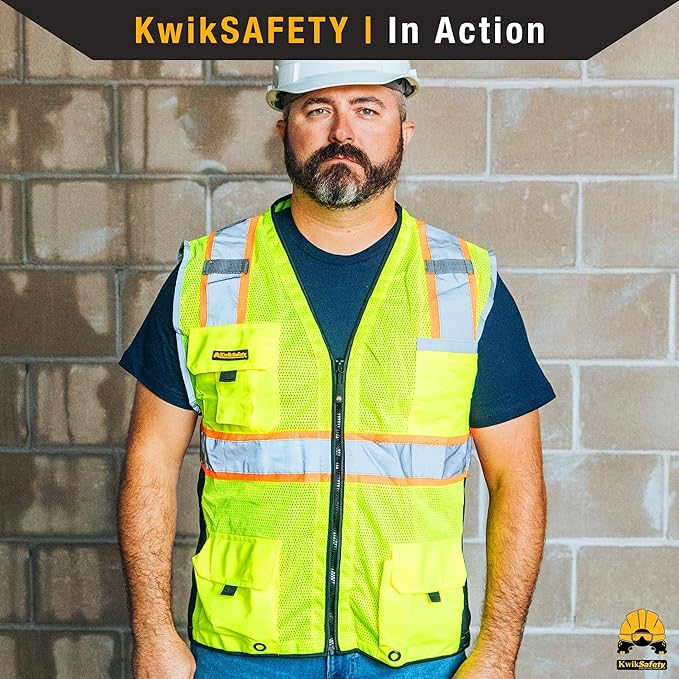 KwikSafety - Charlotte, NC - BIG KAHUNA Safety Vest [2 PACK] Class 2 ANSI OSHA Reflective Vest Durable High Visibility Vest Construction Safety Vest for Men Industrial Work Gear/Yellow Small
