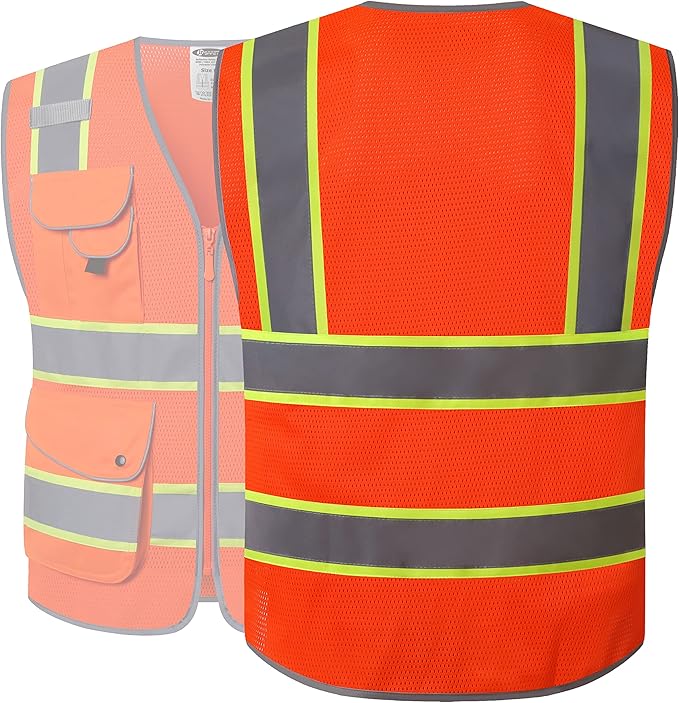 JKSafety 9 Pockets Hi-Vis Reflective Safety Vest | Mesh Fabric | Fluorescent Orange Color with Neon Yellow Extended Trims | ANSI/ISEA Compliance (100-Orange, XXL)