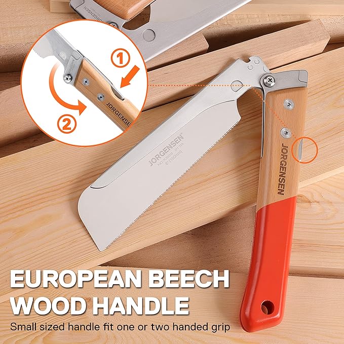 JORGENSEN Japanese Pull Saw, 6 Inch Pro Folding Dovetail Saw with Beech Wood Long handle, SK5 Steel Blade Tool-less Quick Change, 21TPI Cross Cut Woodworking Handsaw for Hardwood, Softwood