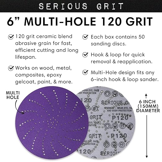 6-Inch 120 Grit Ceramic Multi-Hole Hook & Loop Sanding Discs - Advanced Grain for Fast Cutting & Long Life - Film-Backed Universal Fit Sandpaper for 6-in Sanders - 50 Pack Box