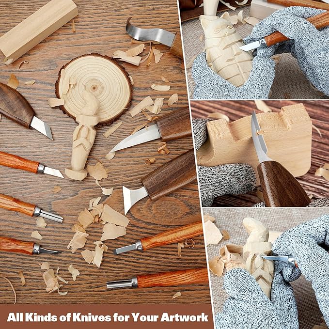 Wood Carving Tools, 15Pcs Wood Carving Kit with PU Storage Bag, Wood Whittling Kit with 6Pcs Whittling Knives & 5 Detail Carving Knives for Adults Wood Carving DIY