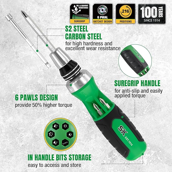 SK 22-in-1 Ratcheting Screwdriver with Nut Drivers, 216-P Multi-bit Screwdriver, Phillips, Slotted, Star, Square Bits Stored in Handle, Organized in Storage Toolbox